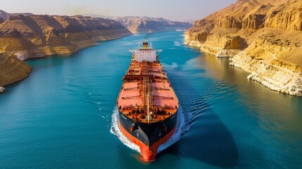 Aufkleber - A large cargo ship moves steadily through a narrow channel flanked by towering cliffs, with calm waters reflecting the bright sunlight in a stunning natural setting.