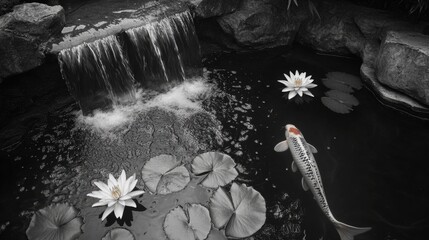 Wall Mural - Koi Fish in Pond Next to Waterfall