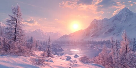 Wall Mural - Sunset Over Snowy Mountains