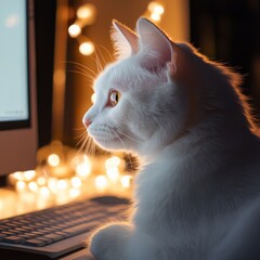 Aufkleber - Curious White Cat Glimpsing at Computer Screen with Warm Lights in the Background, Possibly Working Late or Enjoying Digital Entertainment