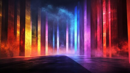 Wall Mural - Vibrant Abstract Landscape with Colorful Vertical Beams and Fog