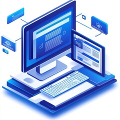 Leinwandbilder - Isometric Illustration of Digital Workspace with Computer and Tablet in Blue Color Palette