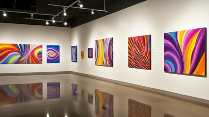 Wall Mural - Vibrant Abstract Art Exhibition in Modern Gallery with Colorful Paintings and Reflections