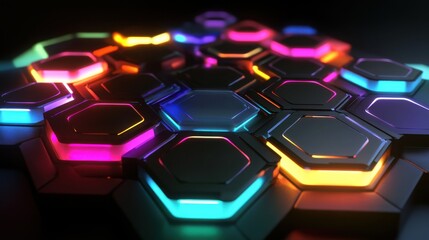 Wall Mural - Colorful illuminated hexagonal pattern with glowing edges and depth
