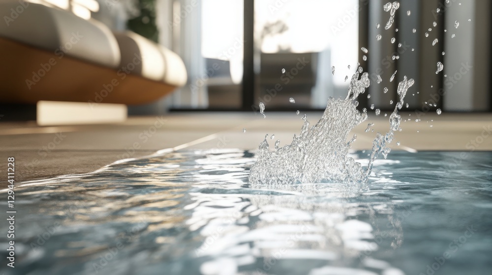 Water Splash On Modern Gray Floor, Interior Design, Sunlight, Close Up ...