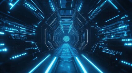 Wall Mural - futuristic neon tunnel with glowing blue lights and metallic structure