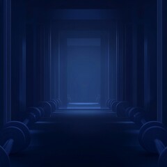 Poster - Mystical Blue Hallway: A Row of Dumbbells Leading to an Enigmatic, Illuminated Destination 