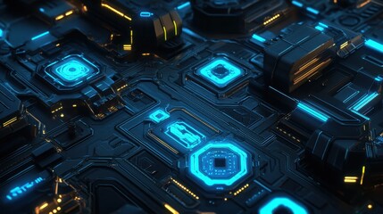 Wall Mural - blue and yellow neon circuit board texture with glowing elements