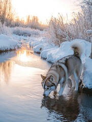 Wall Mural - Dog Drinks Water from Snowy Stream