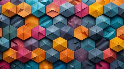 Leinwandbilder - An artistic display showcases a vibrant collection of three dimensional paper shapes in various colors and patterns, creating a dynamic visual experience.