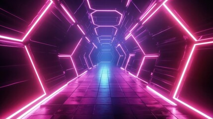 Wall Mural - futuristic neon tunnel with abstract hexagonal design and lights