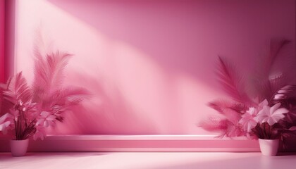 Wall Mural - abstract pink color gradient studio background for product presentation empty room with shadows of window and flowers and plant leaves 3d room with copy space summer concert blurred backdrop