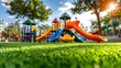 © Marketplace - Vibrant colorful playground equipment set on lush turf surrounded by tall trees and a secure fencing system creating a cheerful and inviting outdoor play space for children under a sunny blue sky