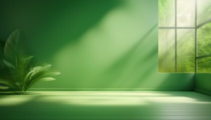 Wall Mural - abstract green studio background for product presentation empty room with shadows of window display product with blurred backdrop