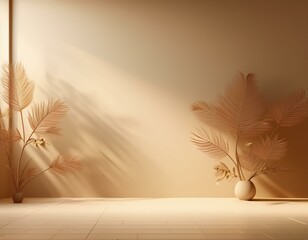 Wall Mural - abstract beige color gradient studio background for product presentation empty room with shadows of window and flowers and plant leaves 3d ivory room with copy space blurred backdrop