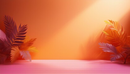Wall Mural - abstract pink color gradient studio background for product presentation empty room with shadows of flowers and plant leaves 3d orange room with copy space summer concept blurred backdrop