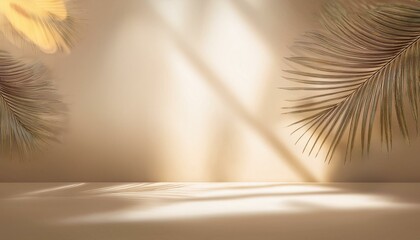 Wall Mural - abstract beige studio background for product presentation empty room with shadows of window and flowers and palm leaves 3d room with copy space summer concert blurred backdrop