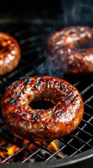 Wall Mural - Delicious Ring Sausage Cooking on a Grill with Smoke and Flames in the Background Close Up View