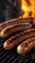 Wall Mural - Delicious grilled sausages sizzling over hot flames on a barbecue grill for a summer cookout, showcasing the juicy texture, and smoky flavor