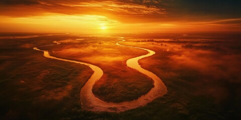 Sticker - Winding River Sunset Aerial View