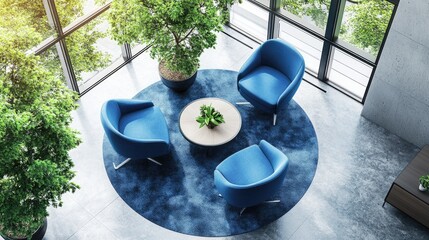 Canvas Print - Round table with blue chairs and potted plant