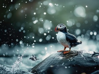 Wall Mural - bird perched on rock in water