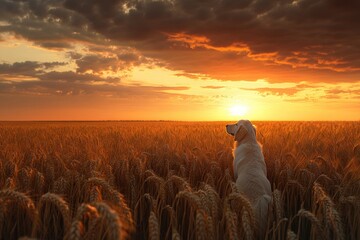 Canvas Print - Dog in Wheat Field at Sunset