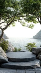 Wall Mural - Serene coastal vista with stone platform under lush foliage ideal for product display and peaceful nature scene