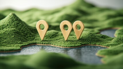 Wall Mural - wooden pins placed on a green landscape with a detailed map showing location markers and features