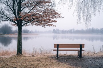 Wall Mural - lakefront bench and tree