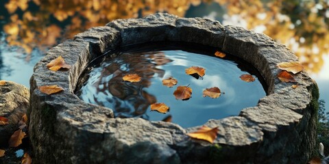 Poster - Water-filled stone bowl amidst autumn leaves