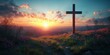 © Georg - Sunset view over a landscape with a wooden cross surrounded by flowers on a serene hilltop
