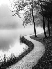 Wall Mural - black and white path along water
