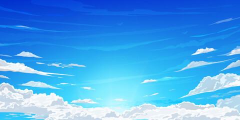 Wall Mural - blue sky, cloud background,cartoon scene anime nature style,sunny day summer with sunlight shining, 