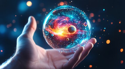 Wall Mural - cosmic sphere held in hand depicting a galaxy with planets and glowing particles