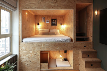 Sticker - A compact shoebox apartment, modern and minimalist, urban setting