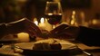 © Restuart - A close-up shot of two hands reaching for the same piece of bread on a dinner table, with a glass of red wine in the background, soft ambient lighting and a blurred backdrop