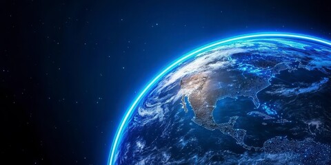 digital illustration of a glowing blue earth with network connections on a dark background