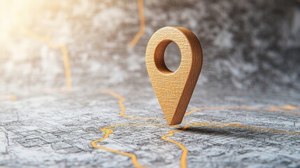 Wall Mural - wooden pin and location marker on a detailed map indicating specific geographic coordinates