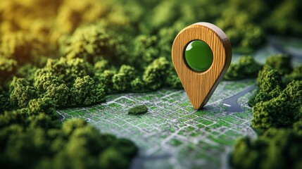 Wall Mural - wooden map marker with green push pin indicating location on a detailed map for navigation purposes