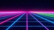 © BokehBox - Retro Futuristic Grid Landscape Vibrant Neon Lines Converge on a Dark Horizon, Evoking a Sense of Infinite Possibility and Technological Advancement