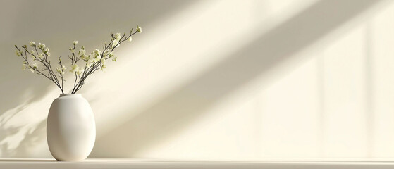 Poster - minimalist scene with white vase holding delicate branches of small white flowers is set against neutral toned background with soft lighting and shadows