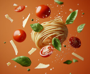 Poster - Gourmet pasta dish ingredients floating in the air, against a rustic terracotta colored background