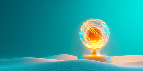 Poster - glowing orb with swirling energy patterns sits on pedestal in minimalistic, abstract landscape with teal background