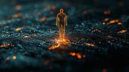 Poster - glowing figure stands amidst digital landscape, surrounded by abstract patterns and illuminated lines, creating futuristic and minimalistic scene
