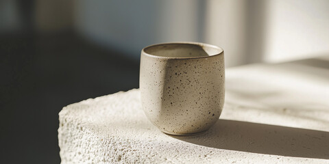 Poster - Close up of handmade ceramic cup with smooth matte finish, placed on textured surface, illuminated by soft natural light