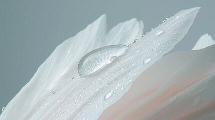 Poster - delicate water droplet rests on soft white petal, showcasing nature beauty in serene and tranquil setting. close up view highlights intricate details and purity of scene