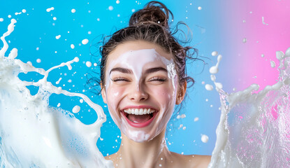 Aufkleber - joyful woman with radiant smile is splashed with milk against vibrant blue and pink background, creating dynamic and lively scene