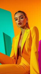Aufkleber - futuristic female model poses confidently in vibrant, duotone abstract studio, wearing striking yell