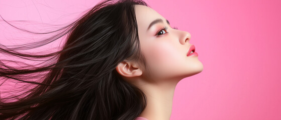 Aufkleber - woman with flowing hair and makeup poses against pink background, exuding elegance and style